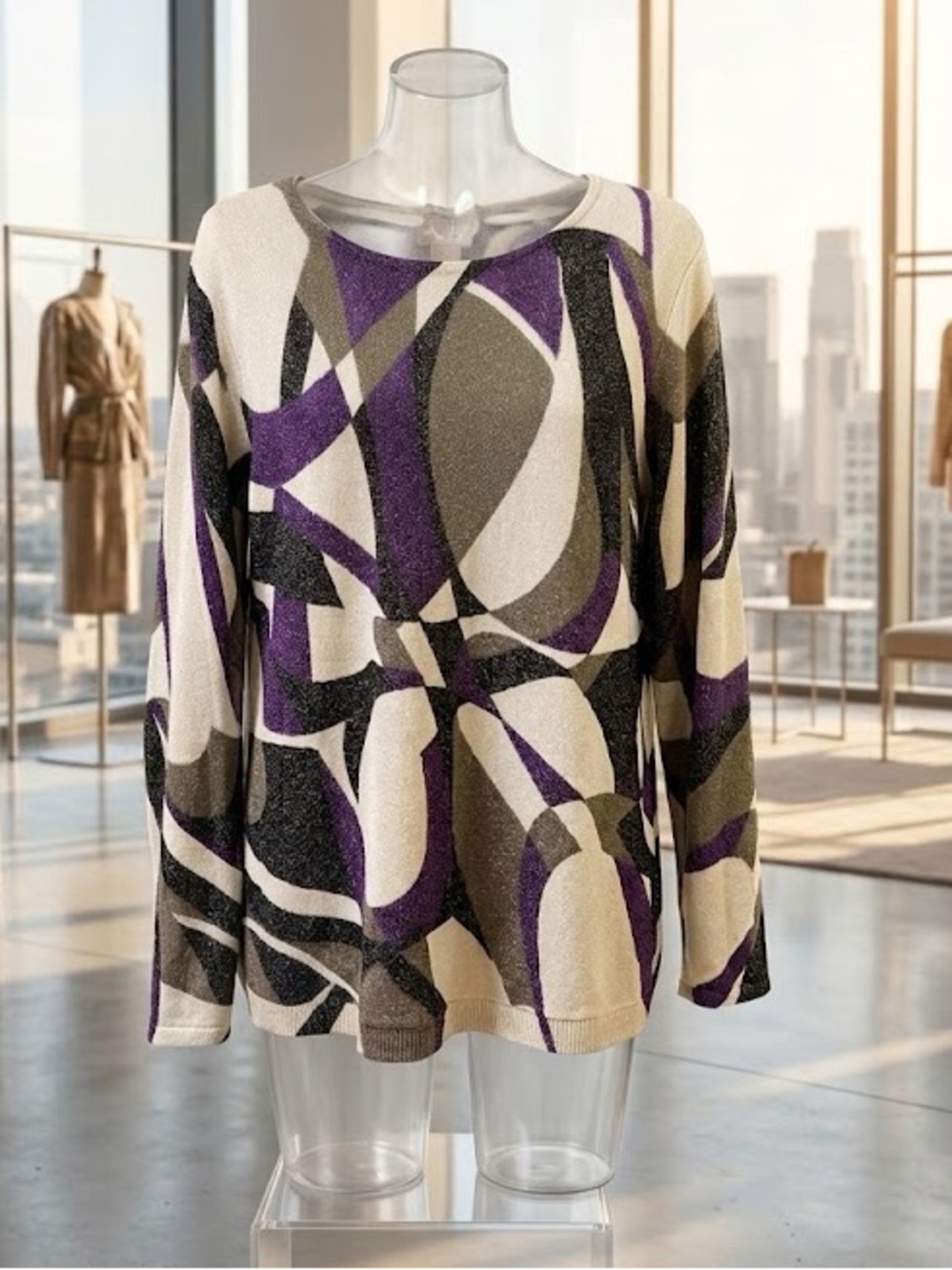 Chico's Abstract Geometric Metallic Shimmer Knit Sweater |Size 1 (M)